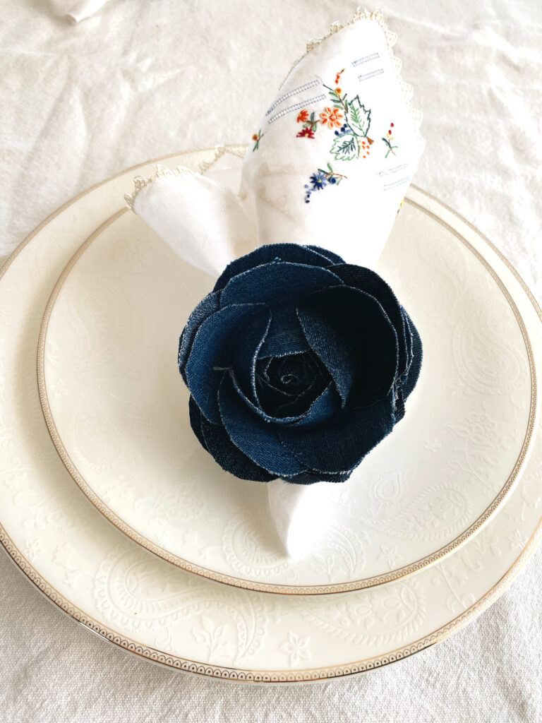 Handcrafted Denim Rose Napkin Holders - Set of 4, Unique Cloth Table Decor, Eco-Friendly Flowers